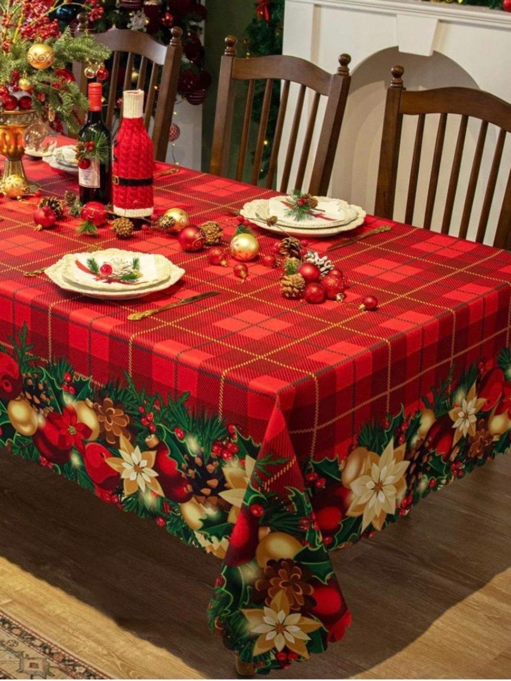 New In Packaging Festive Red Plaid Holiday Tablecloth, Poinsettia Border 60x120*